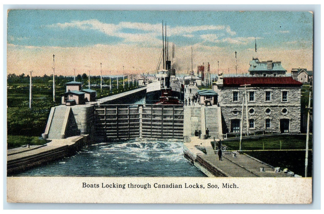 1921 Boats Locking Through Canadian Locks Ferry Soo Michigan MI Posted Postcard