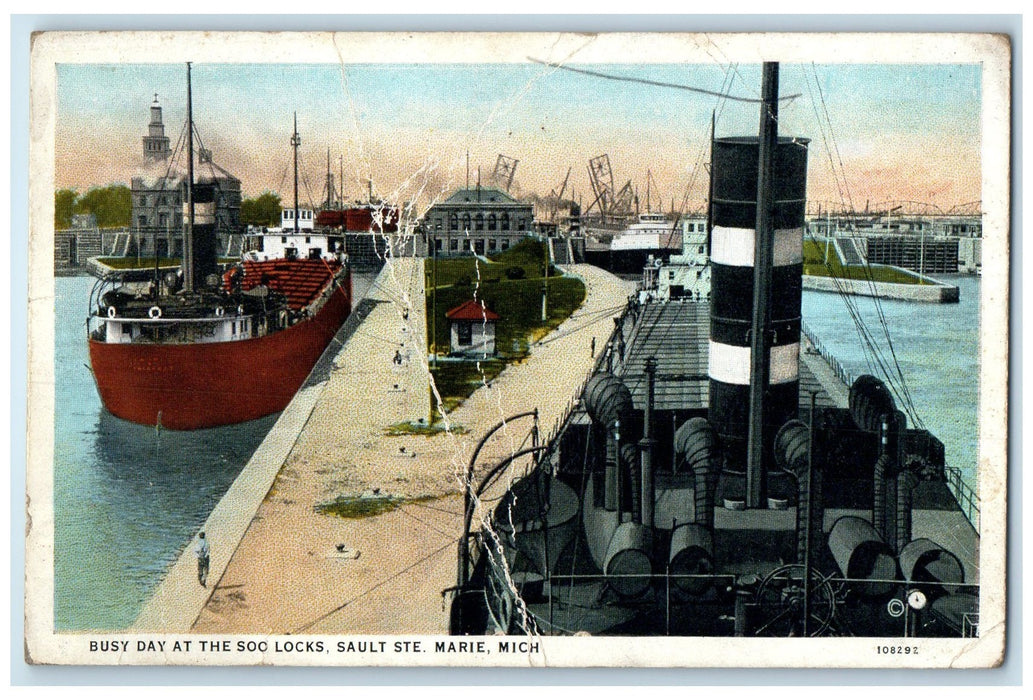 c1920 Busy Day At The Soo Locks Freighter Sault Ste. Marie Michigan MI Postcard