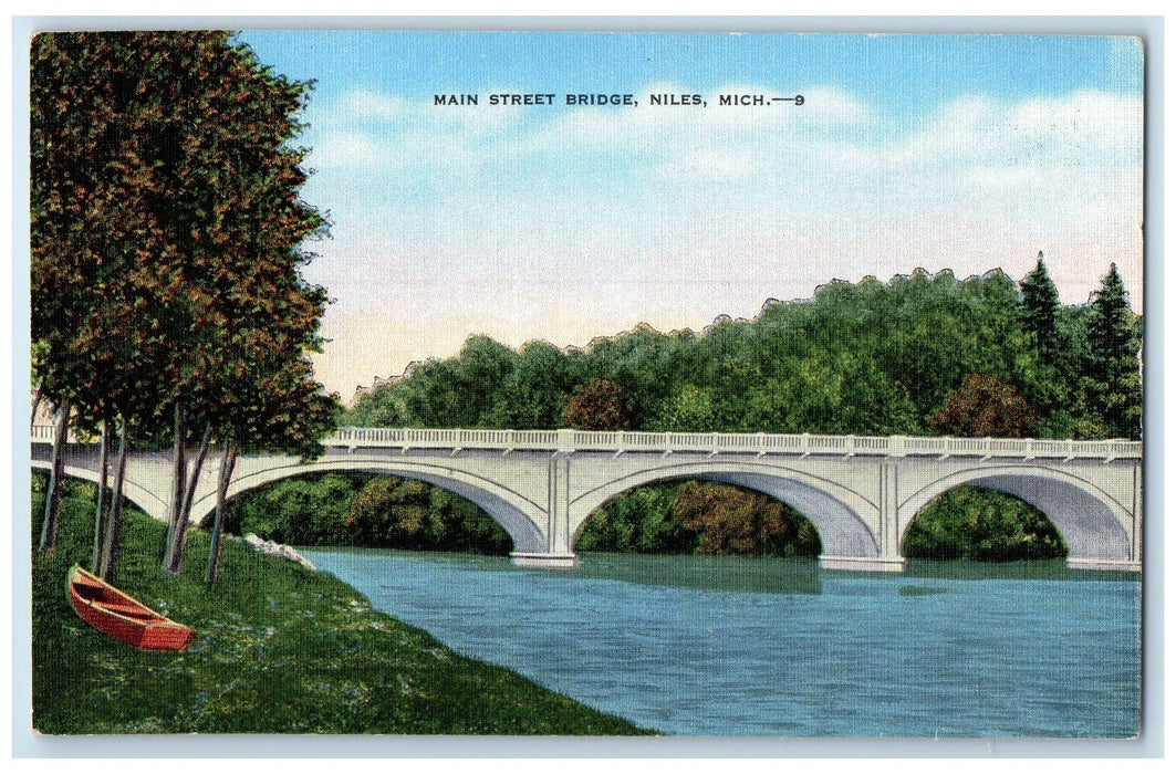 c1940s Main Street Bridge Canoe Boat Scene Niles Michigan MI Unposted Postcard