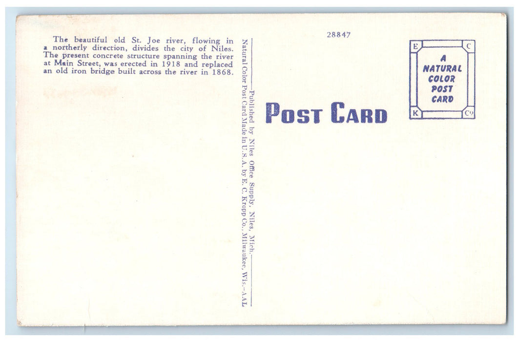 c1940s Main Street Bridge Canoe Boat Scene Niles Michigan MI Unposted Postcard
