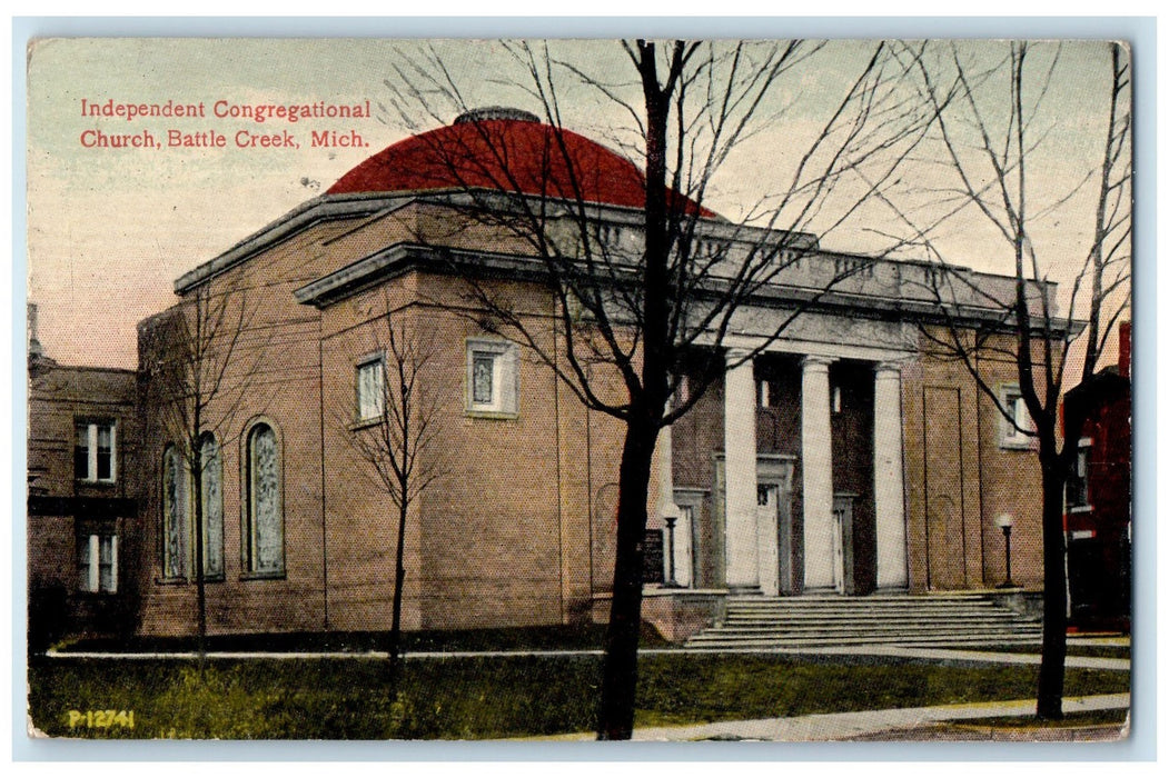 1913 Independent Congregational Church Building Stairs Battle Creek MI Postcard