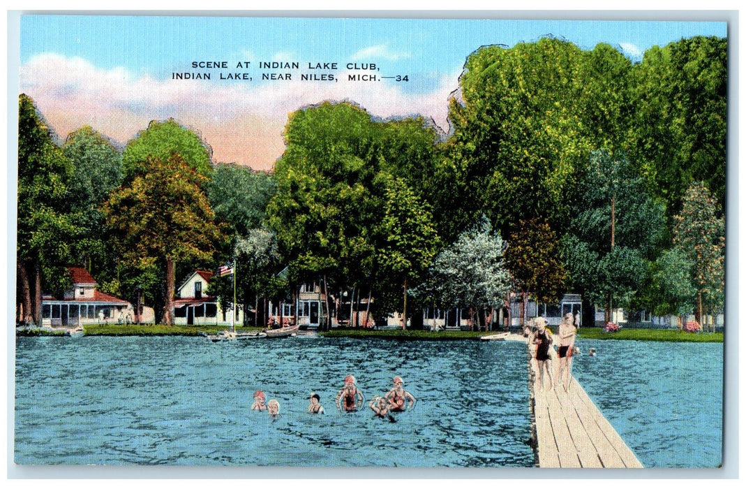 c1940's Scene At Indian Lake Club Indian Lake Near Niles Michigan MI Postcard