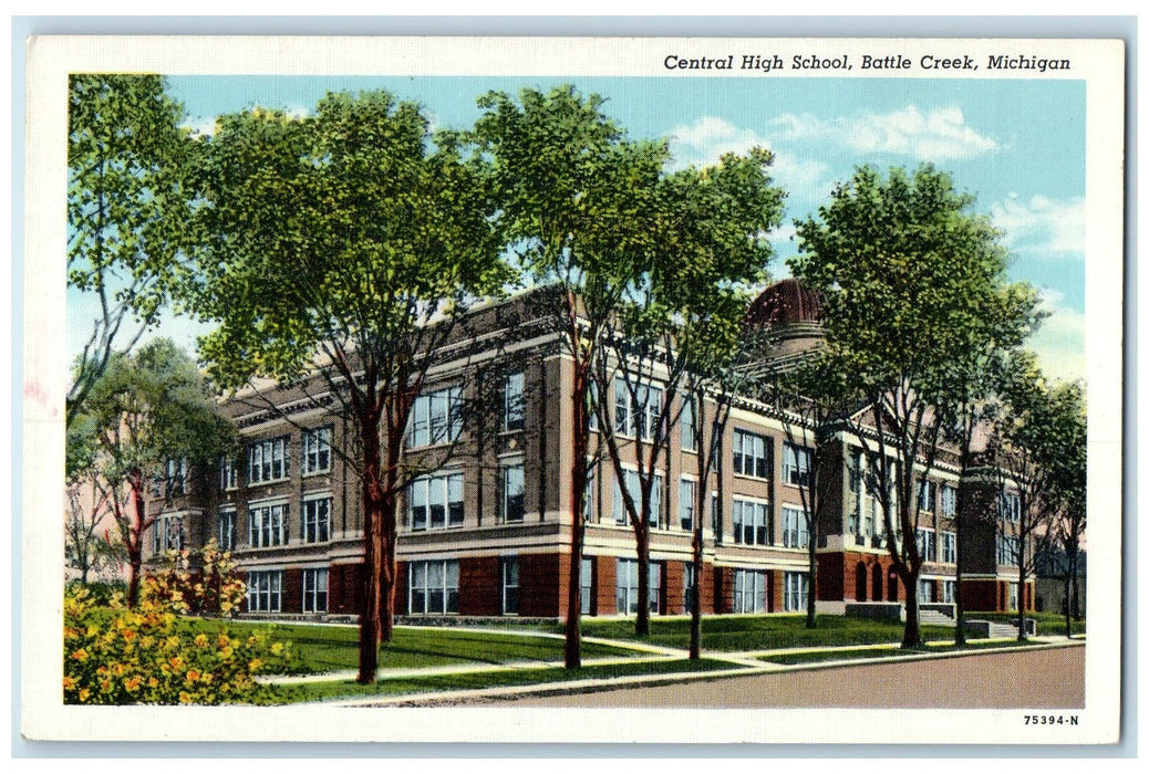 c1940's Central High School campus Building Pathways Battle Creek MI Postcard