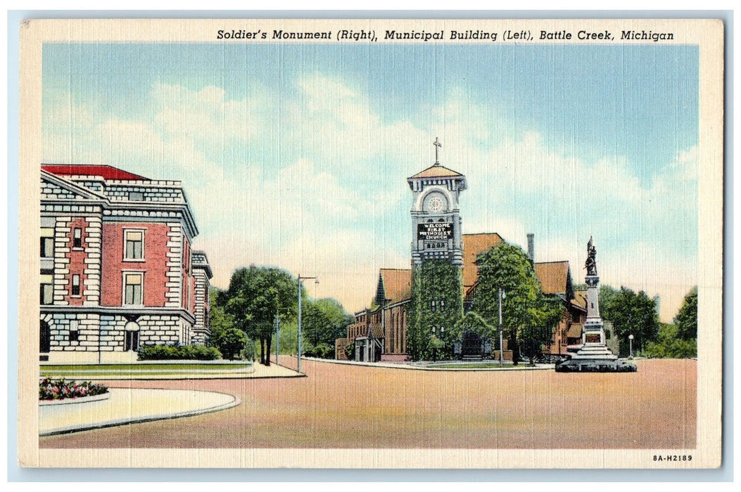 c1940 Soldiers Monument Municipal Building Church View Battle Creek MI Postcard