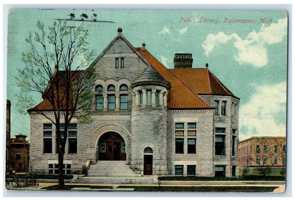 1911 Public Library Exterior Roadside Kalamazoo Michigan MI Posted Tree Postcard