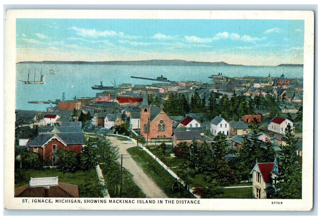1939 St. Ignace Michigan Showing Mackinac Island In Distance MI Boats Postcard