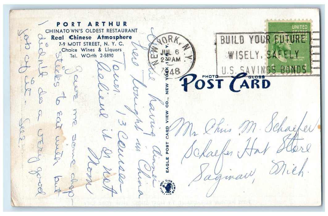 1948 Port Arthur Interior Scene Restaurant Mott Street New York City NY Postcard