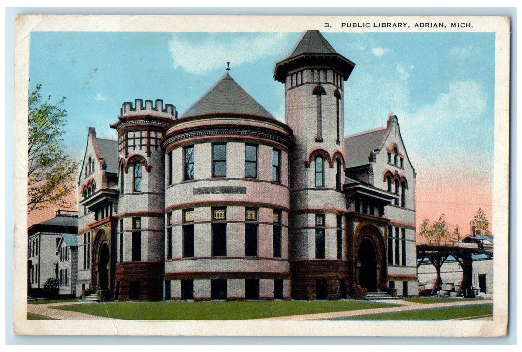 1921 Public Library Building Tower Entrance Adrian Michigan MI Posted Postcard