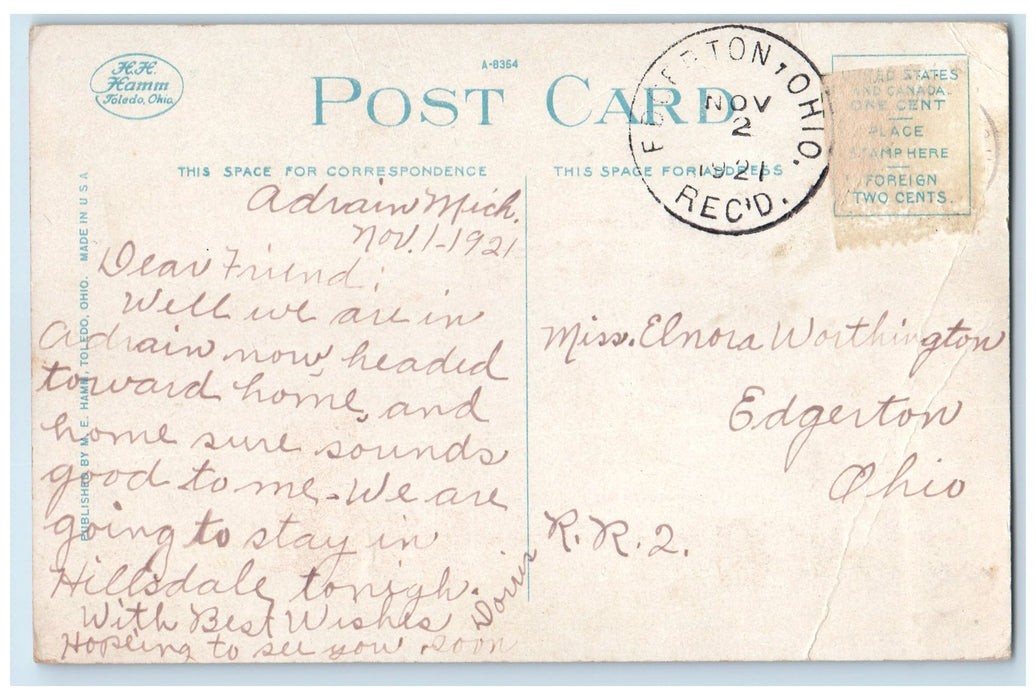 1921 Public Library Building Tower Entrance Adrian Michigan MI Posted Postcard