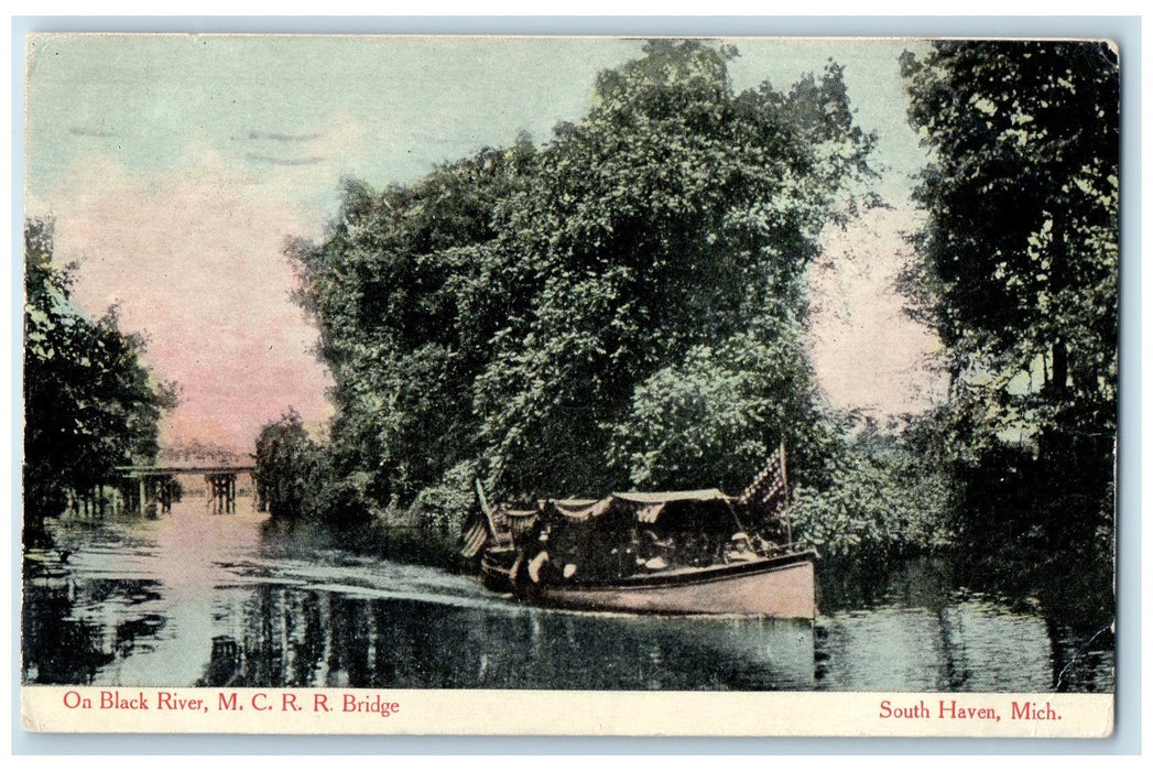 1908 On Black River MCRR Bridge Passenger Boat South Haven Michigan MI Postcard