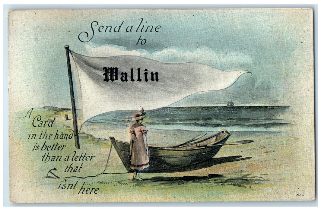 1920 Send A Line To Mallin Beach Shoreline Lady & A Boat Michigan MI Postcard