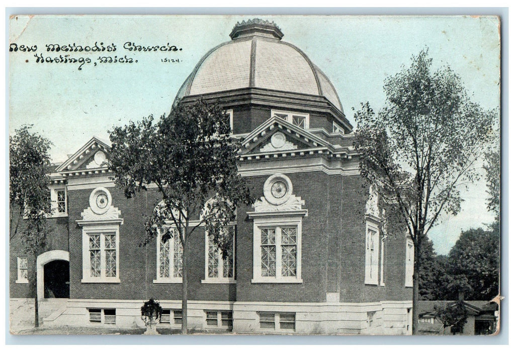 1912 New Methodist Church Building Dome Hastings Michigan MI Posted Postcard