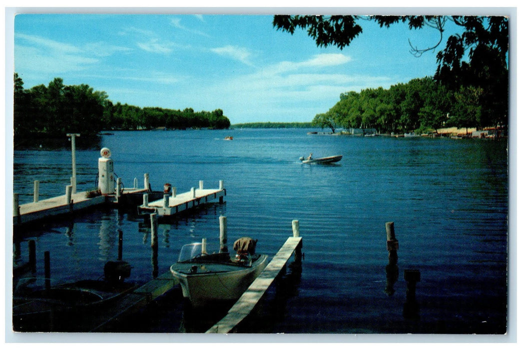 c1950's Gull Lake Harbor Speed Boat Docks Kalamazoo County Michigan MI Postcard