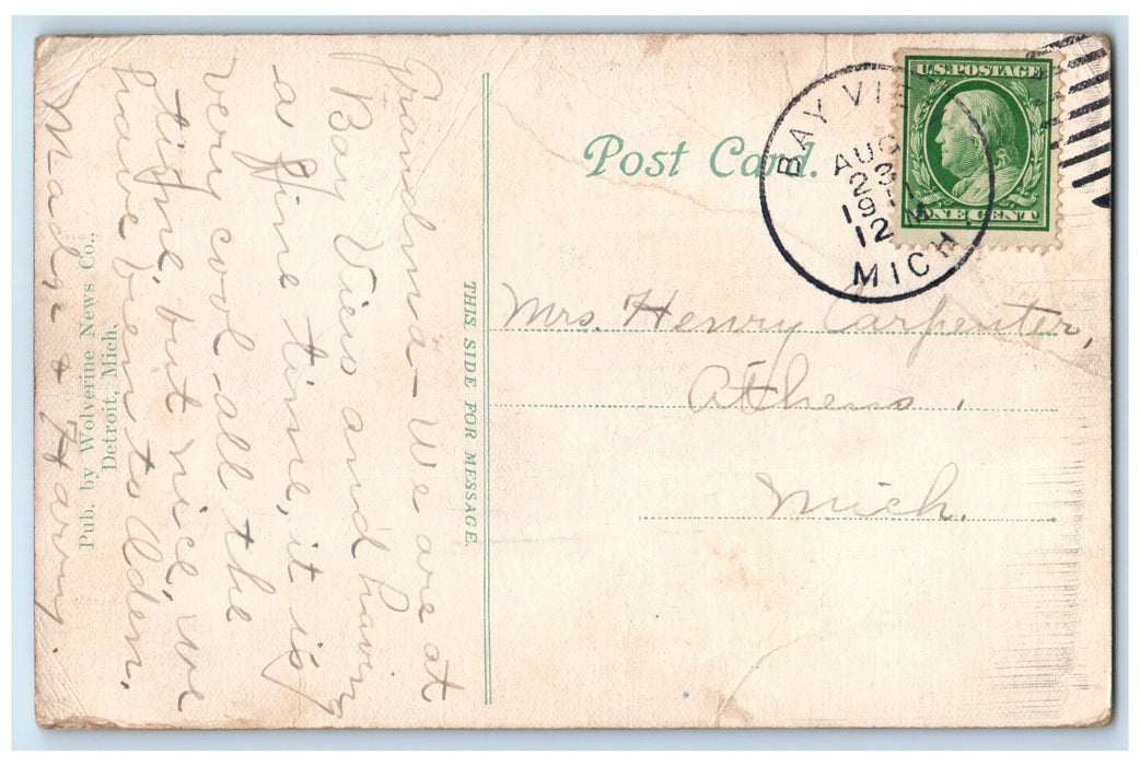 1911 Fountain At Columbus Beach Ship Boat View Indian River Michigan MI Postcard
