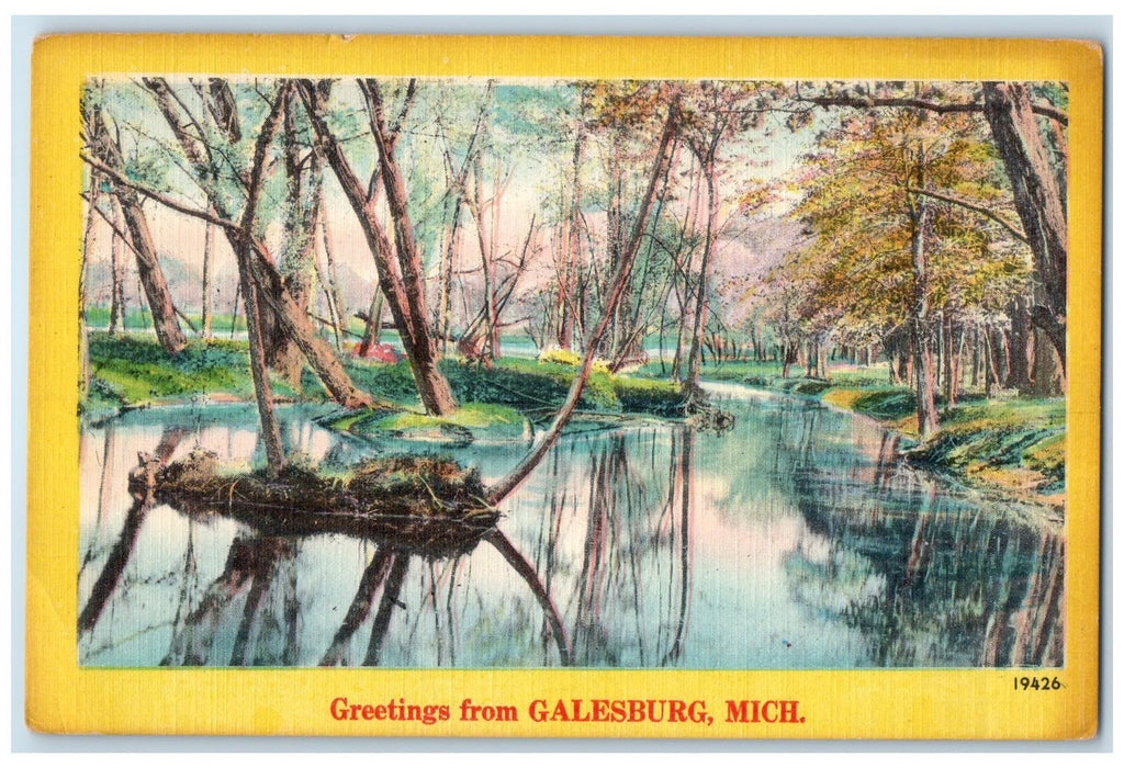 c1940's Greetings From Galesburg Lake Pond Groves Michigan MI Unposted Postcard