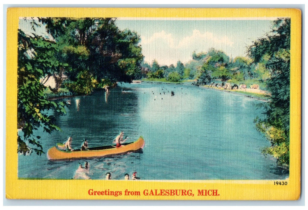 c1940 Greetings From Galesburg Lake River Boating Swimming Michigan MI Postcard