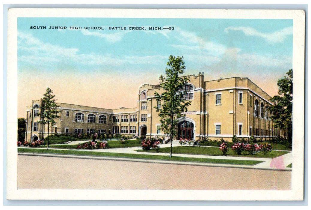 c1920s South Junior High School Exterior Roadside Battle Creek MI Trees Postcard