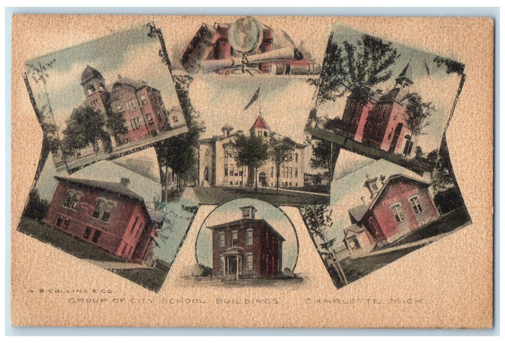1908 Group Of City School Buildings Exterior Scene Charlotte MI Posted Postcard