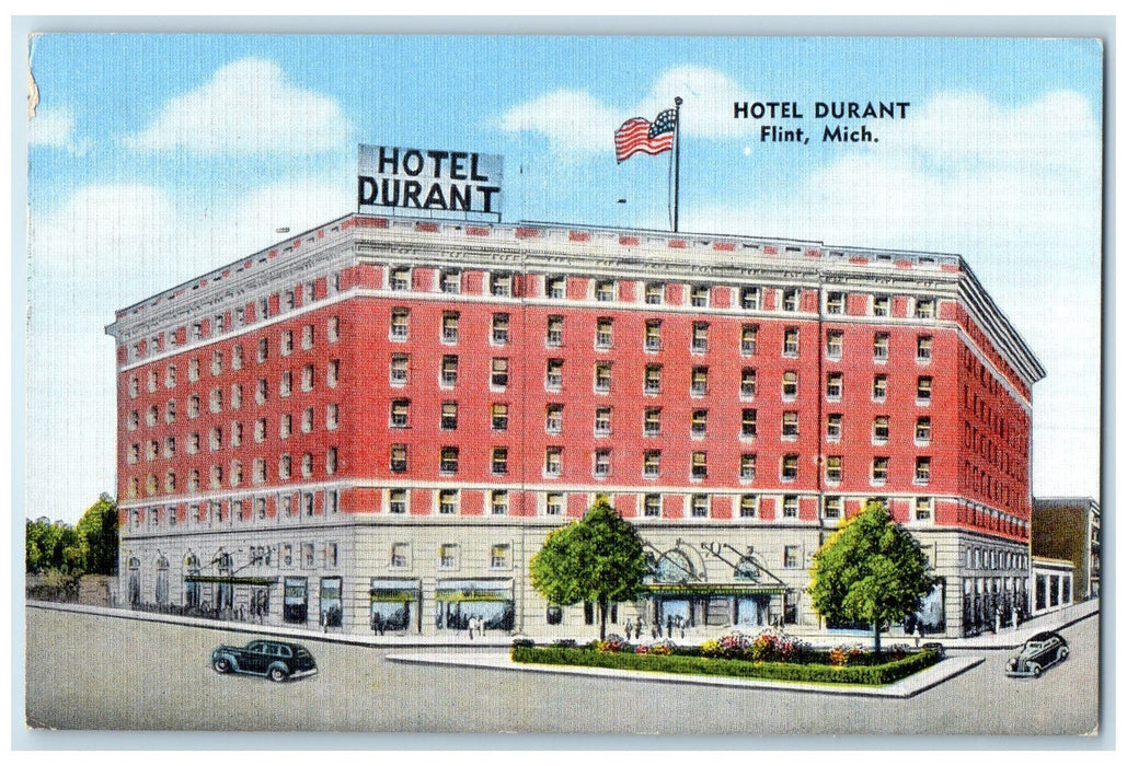 1950 Hotel Durant Building Restaurant Classic Cars Flint Michigan MI Postcard
