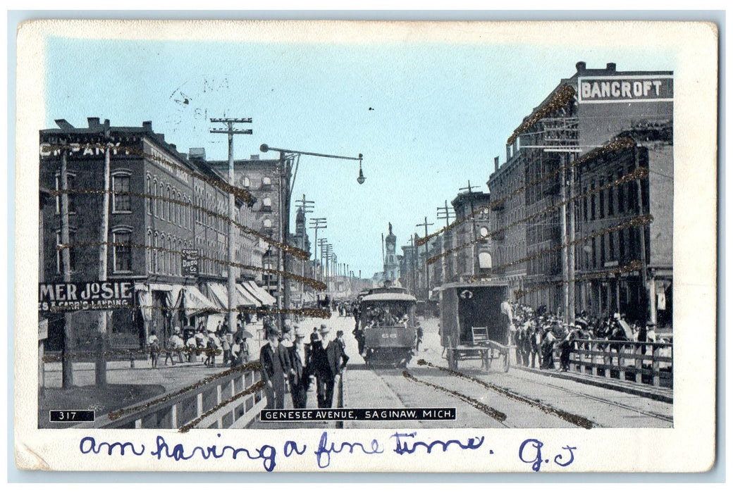 1906 Genesee Avenue Trolley Railroad Crowd Building Saginaw Michigan MI Postcard