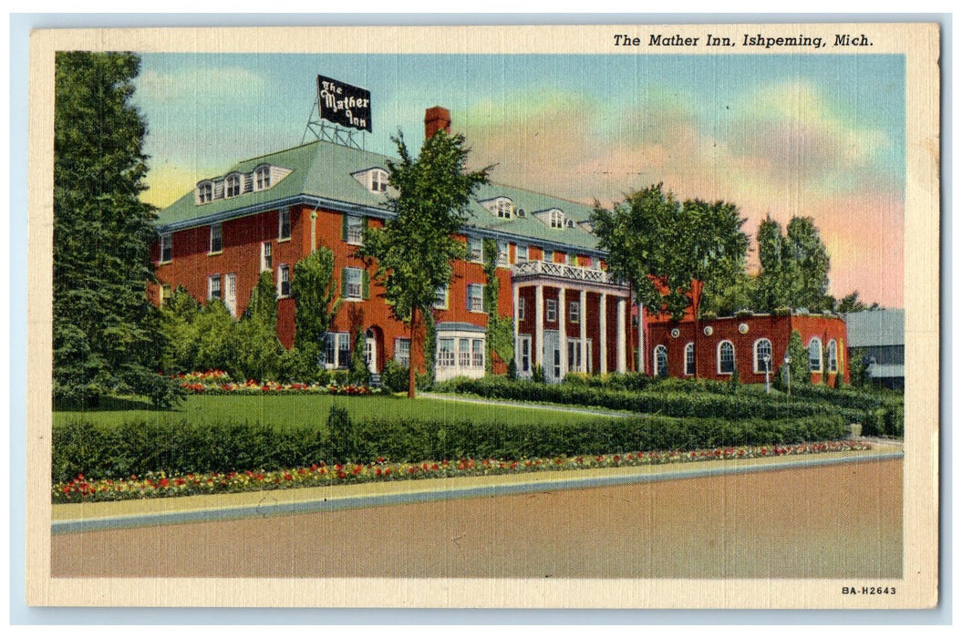 1948 The Mather Inn Hotel Restaurant Building Ishpeming Michigan MI Postcard