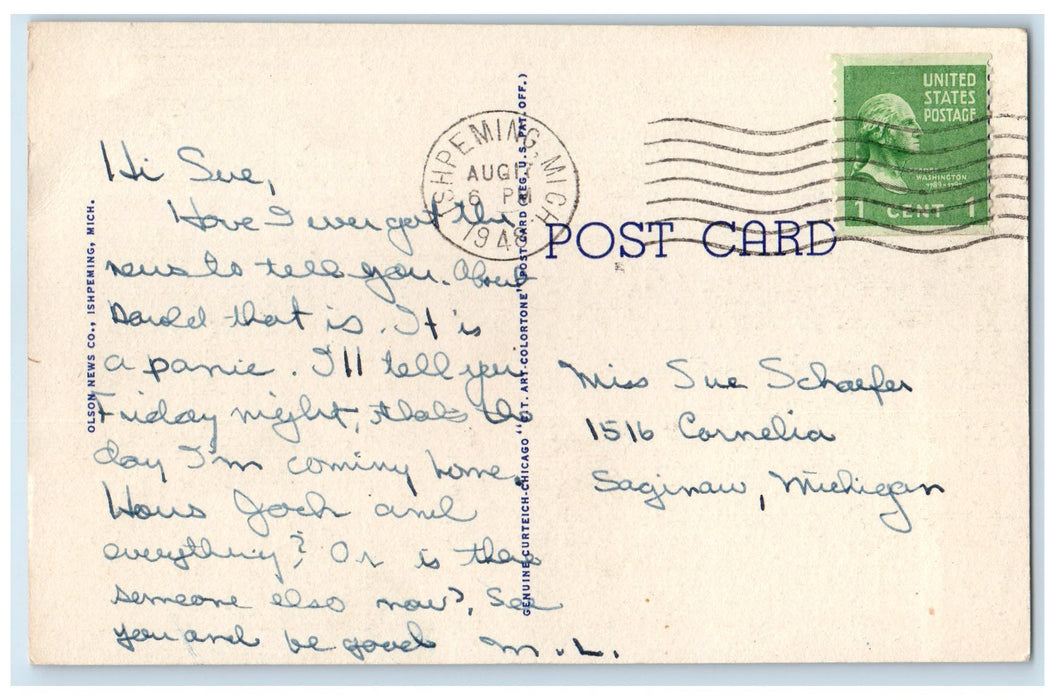 1948 The Mather Inn Hotel Restaurant Building Ishpeming Michigan MI Postcard