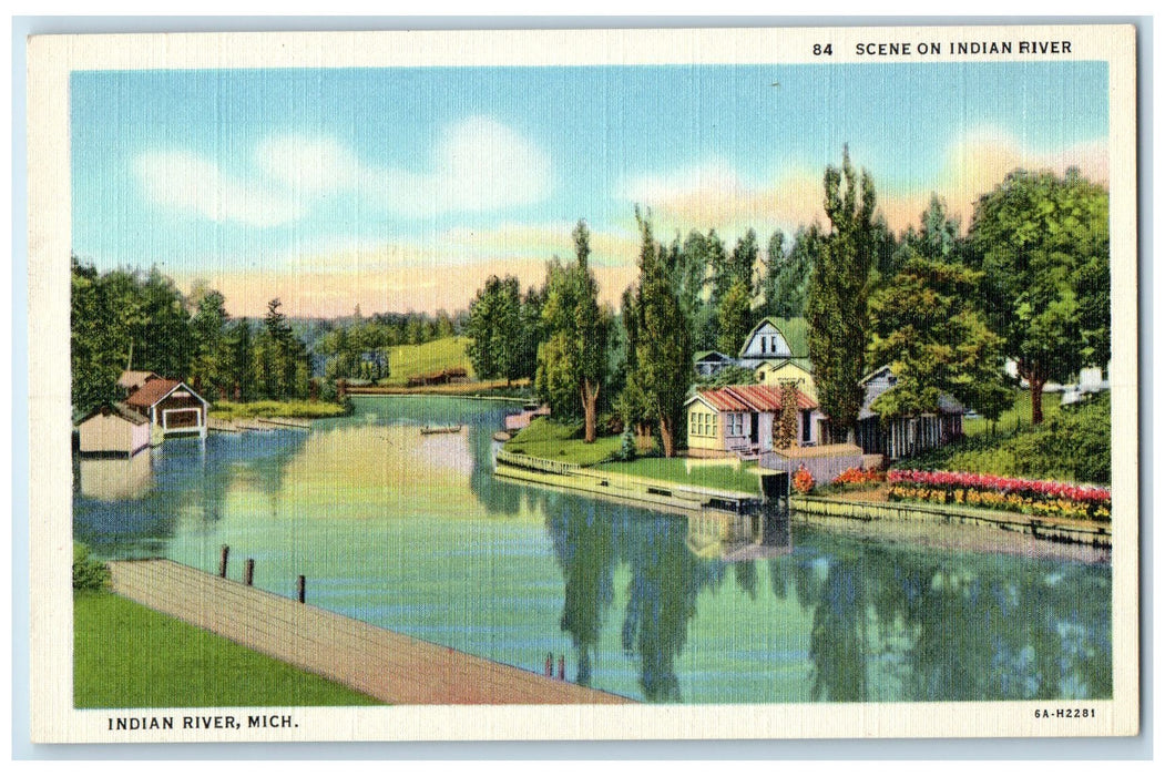 c1940's Scene On Indian River Houses & Groves Boating View Michigan MI Postcard