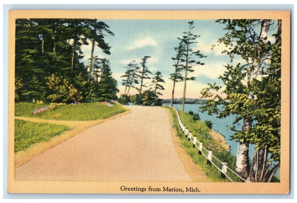 c1940's Greetings From Marion Curve Dirt Road Lake River Michigan MI Postcard