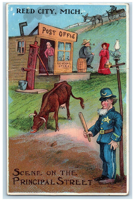 c1920's Scene On The Principal Street Reed City Comic Illustration MI Postcard
