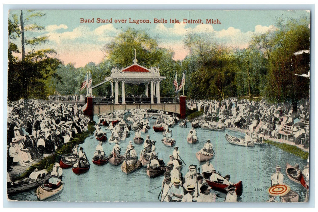 1917 Band Stand Over Lagoon Crowd Boating Tourist Belle Isle Detroit MI Postcard