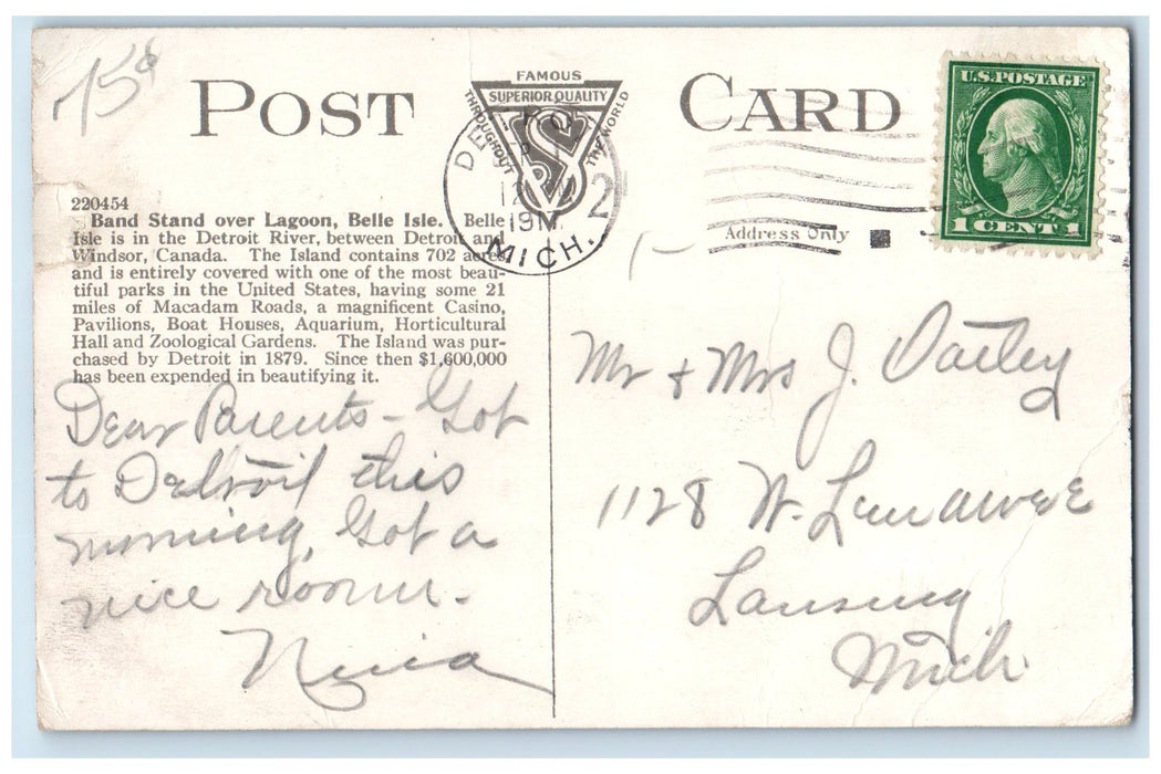 1917 Band Stand Over Lagoon Crowd Boating Tourist Belle Isle Detroit MI Postcard