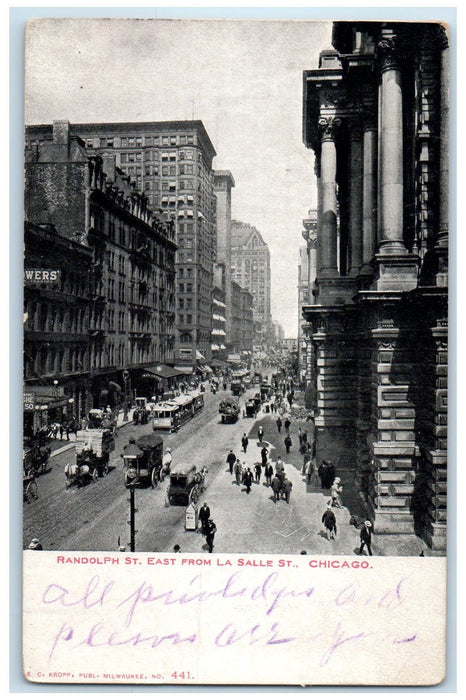 c1905s Randolph's Street East From La Salle St. Chicago Illinois IL Car Postcard