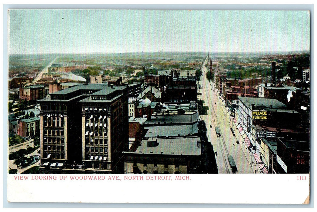 c1905 Aerial View Woodward Avenue Building Railroad North Detroit MI Postcard