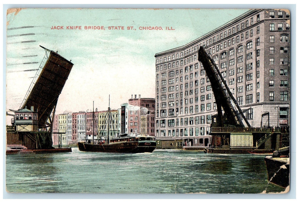 1908 Jack Knife Bridge State Street Steamship Scene Chicago Illinois IL Postcard