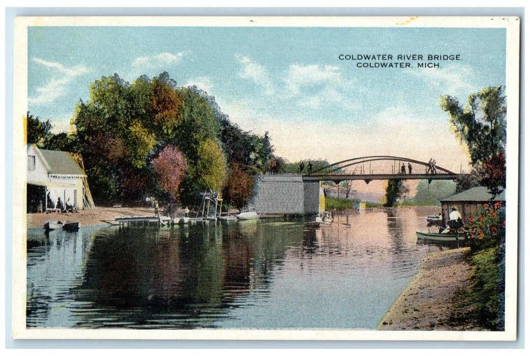 c1920 Coldwater River Bridge Harbor Boating View Coldwater Michigan MI Postcard