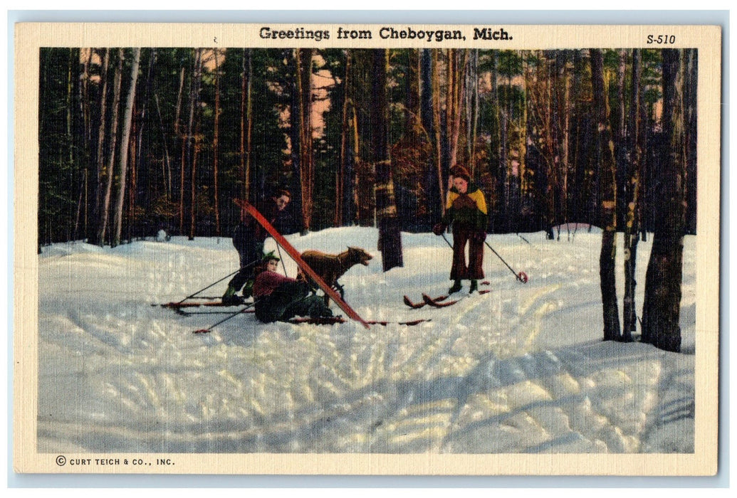 c1920 Greetings From Cheboygan Group Skiing With Dog Grove Michigan MI Postcard