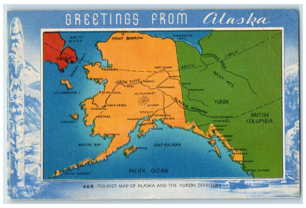 c1940s Greetings From Alaska Tourist Map Of Alaska Yukon Territory AK Postcard