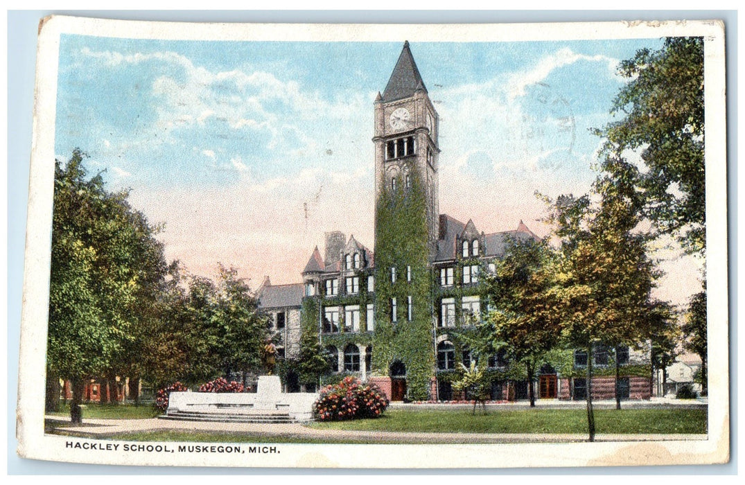 1917 Hackley School Exterior Roadside Muskegon Michigan MI Posted Trees Postcard