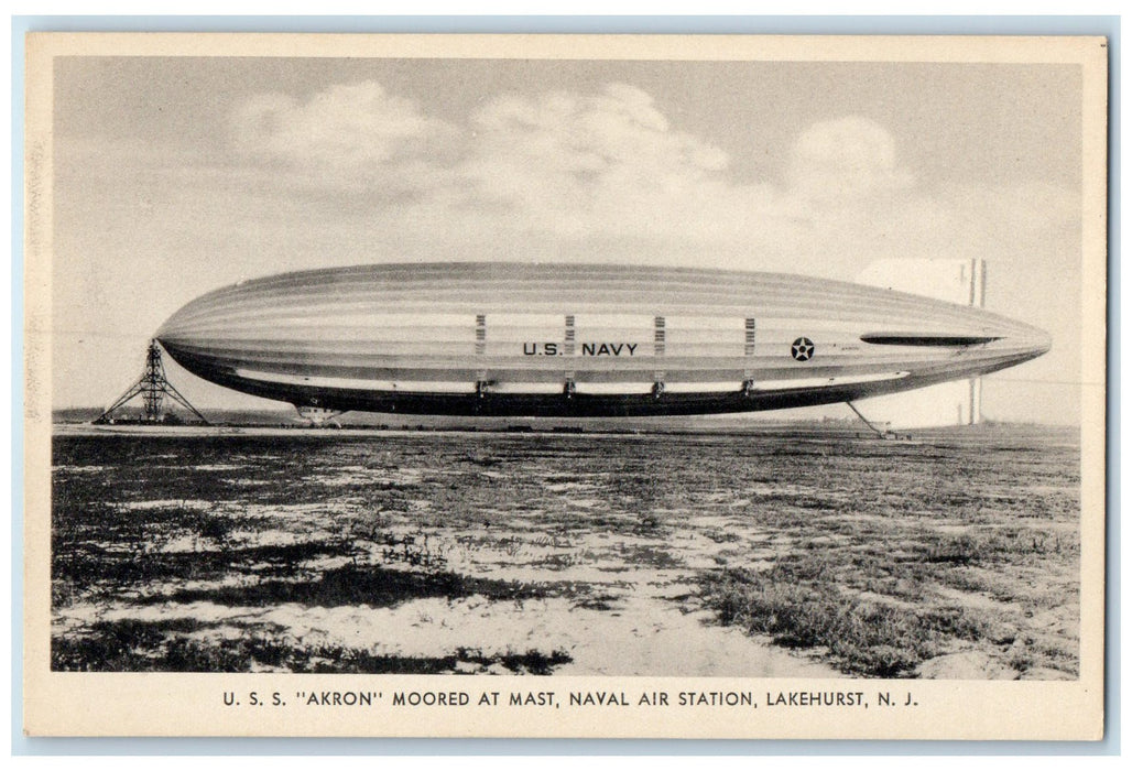 c1940s USS Akron Dirigible Airship Naval Air Station Scene Lakehurst NJ Postcard