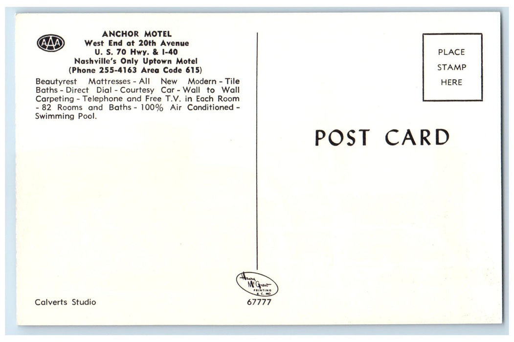 c1950's Anchor Motel Building Restaurant View Nashville's Tennessee TN Postcard