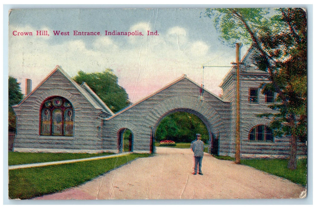 1916 Crown Hill Cemetery West Entrance Gate keeper View Indianapolis IN Postcard