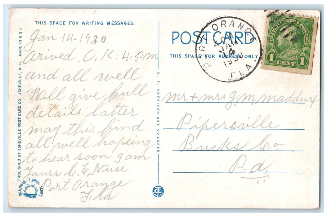 1930 Florida East Coast Train Key West Extension Night Port Orange FL Postcard