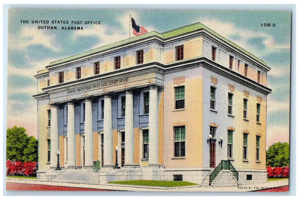 c1960s The United States Post Office Exterior Dothan Alabama AL Flag Postcard
