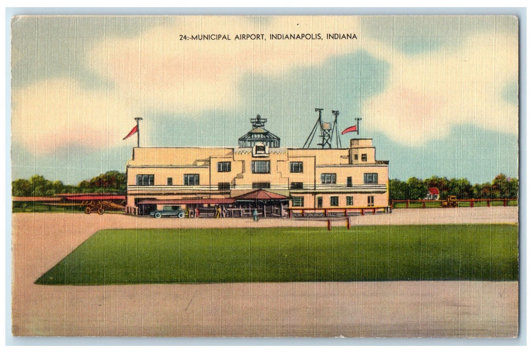 c1940 Municipal Airport Building Plane Landing Highway Indianapolis IN Postcard