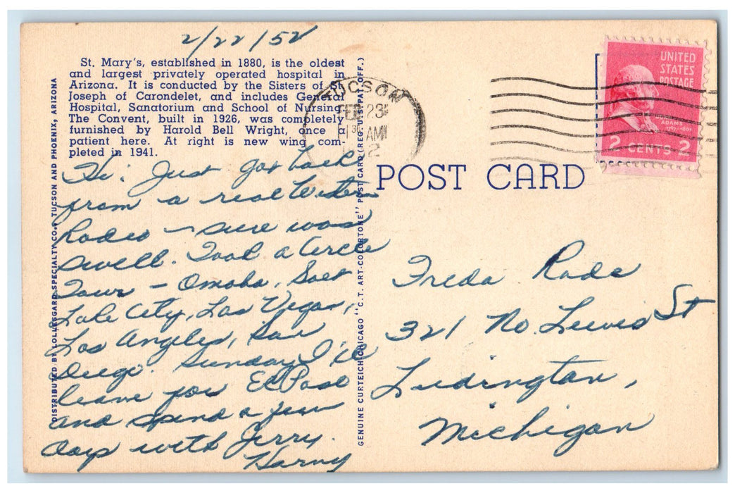 1952 St. Mary's Hospital And Sanatorium Tucson Arizona AZ Posted Trees Postcard