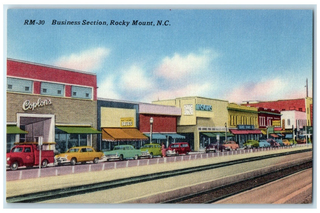 c1940's Business Section Classic Cars Establishments Rocky Mount NC Postcard