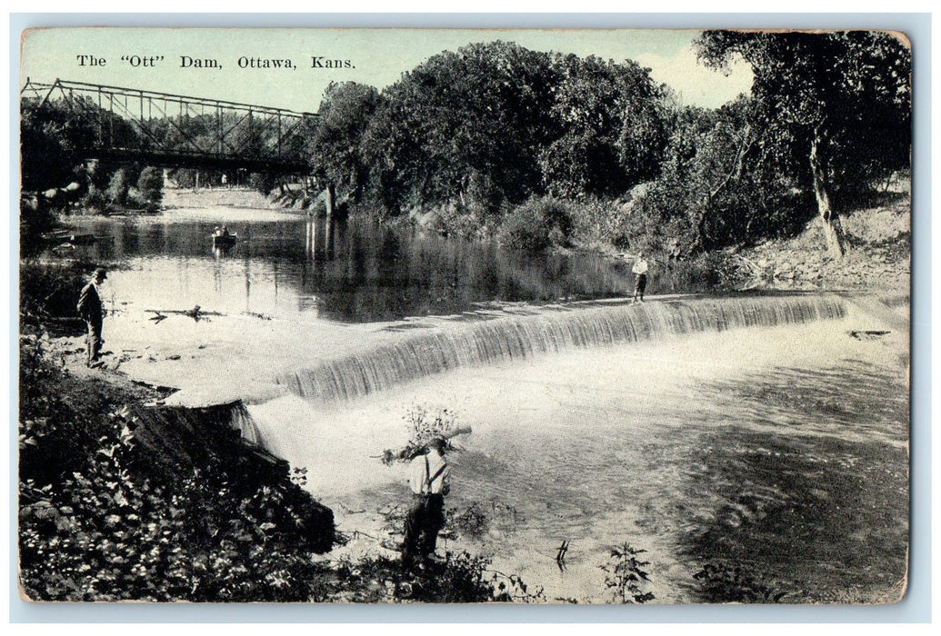 c1910 The Ott Dam Water Falls Truss Bridge Boat Ottawa Kansas KS Posted Postcard
