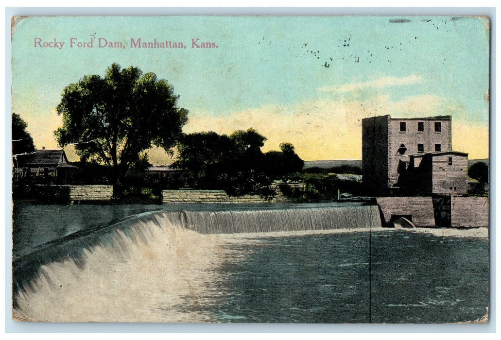 1914 Rocky Ford Dam Lake River Water Fall Manhattan Kansas KS Posted Postcard