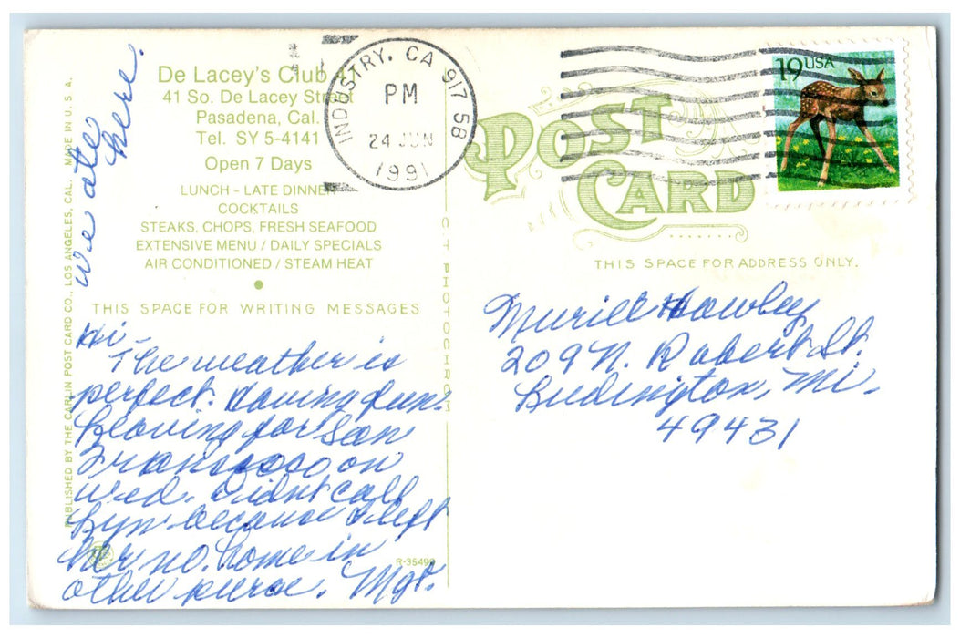 1991 De Lacey's Club Restaurant Interior Pasadena California CA Posted Postcard