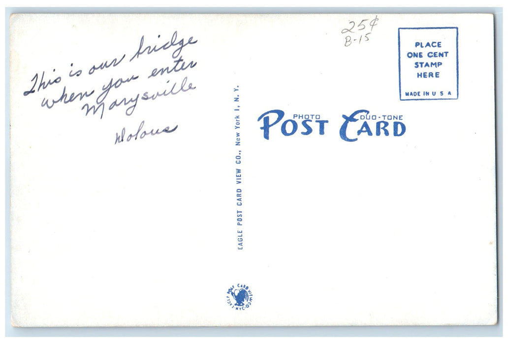 c1950's New Blue River Concrete Bridge Street Lamp Marysville Kansas KS Postcard